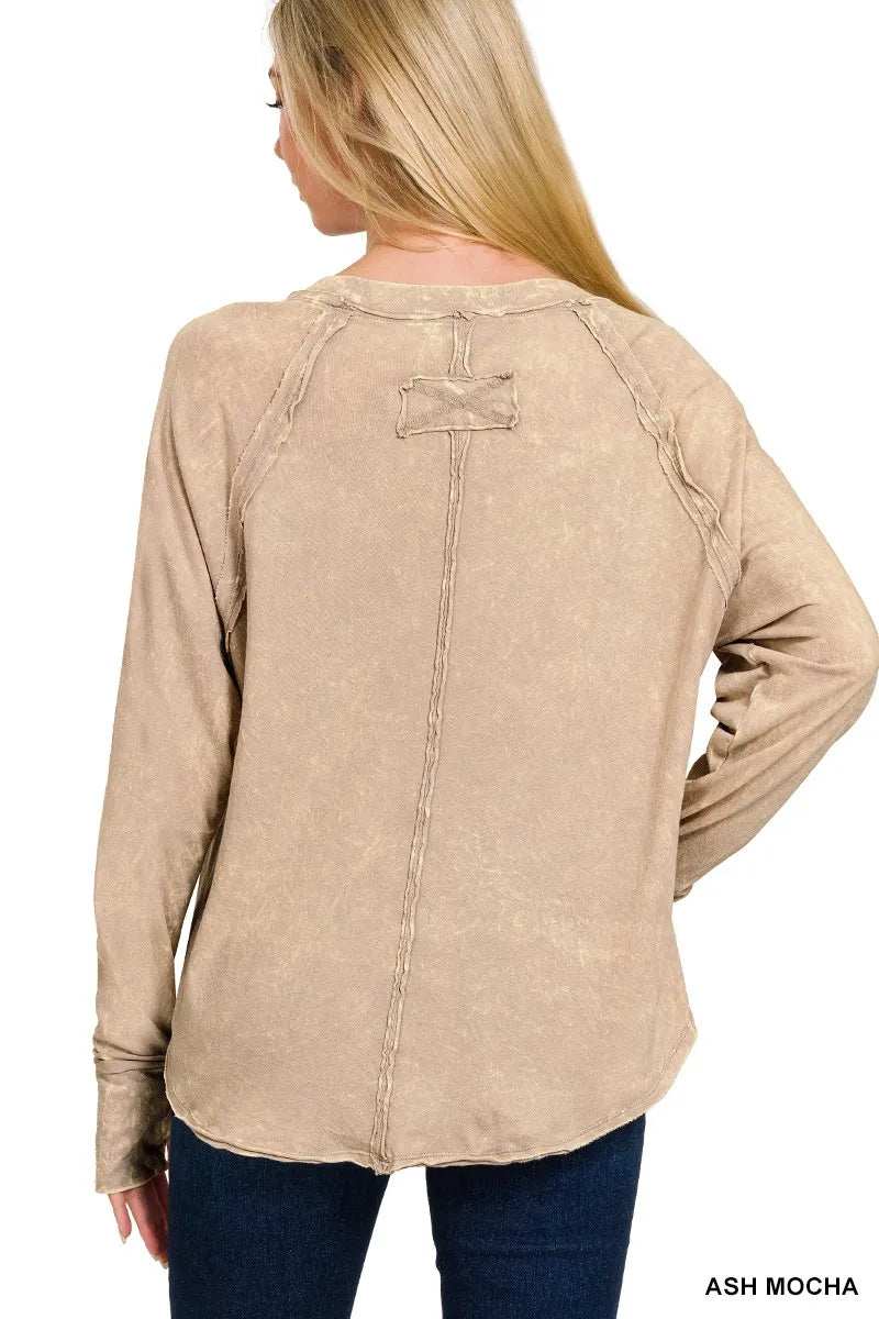 Zenana Crinkle Washed Thumb Hole Cuffs Long Sleeve Top - Trendsi - Flyclothing LLC