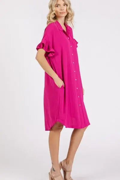 Mittoshop Button Down Flounce Sleeve Dress with Pockets - Trendsi - Flyclothing LLC