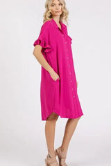 Mittoshop Button Down Flounce Sleeve Dress with Pockets - Trendsi - Flyclothing LLC