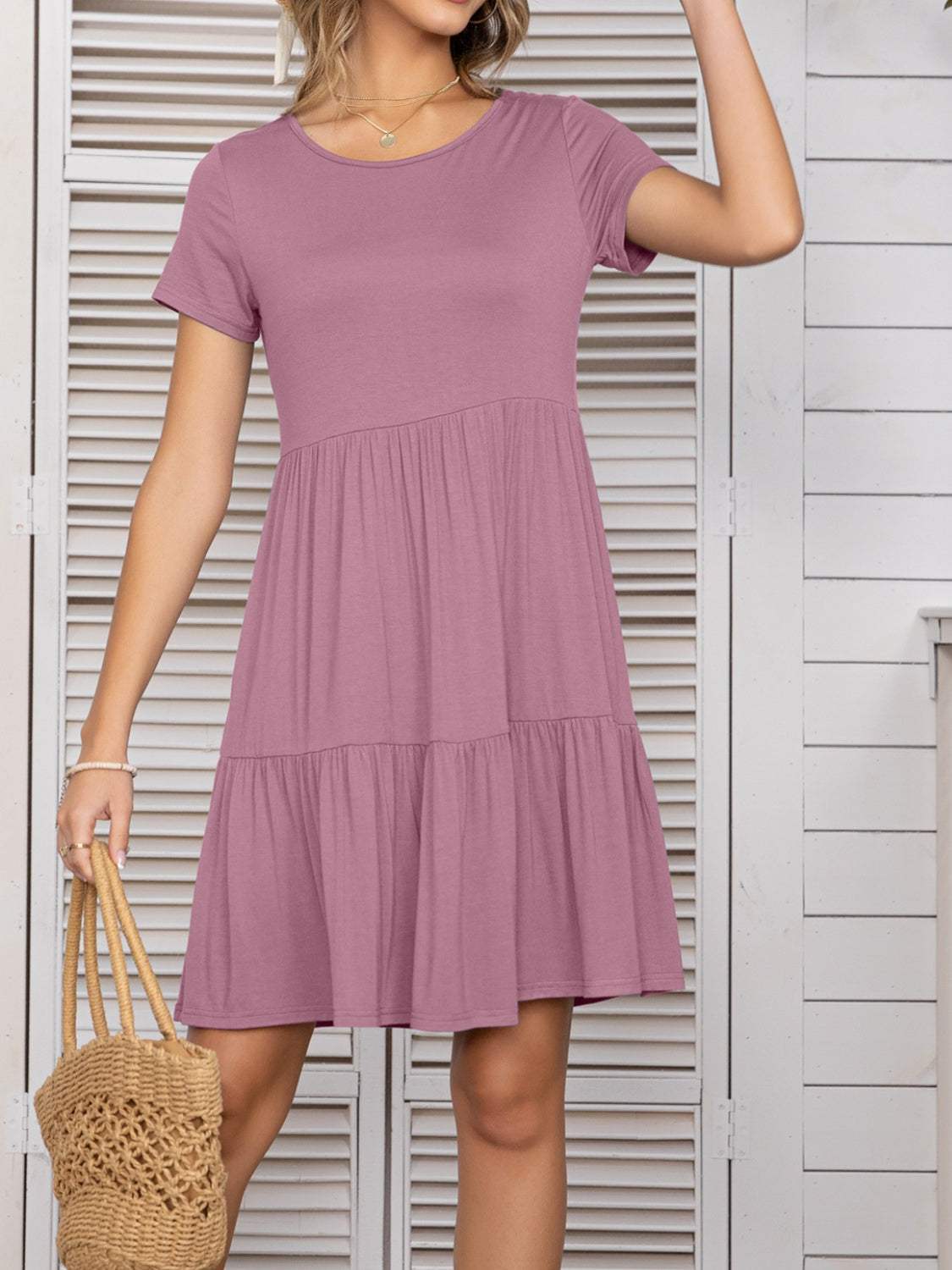 Round Neck Short Sleeve Mini Tee Dress - Trendsi - Flyclothing LLC