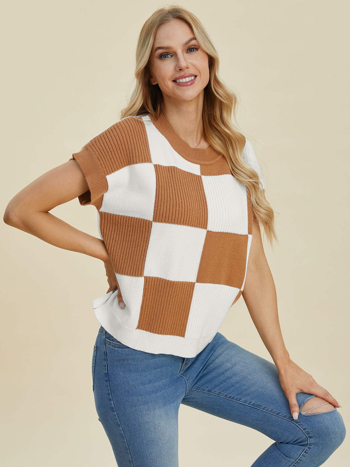 Double Take Full Size Checkered Round Neck Short Sleeve Sweater - Trendsi - Flyclothing LLC