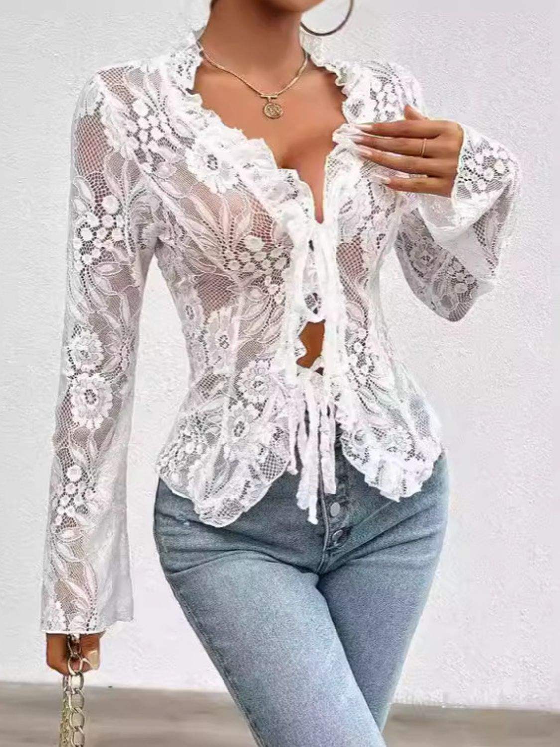 Tied V-Neck Long Sleeve Lace Top - Trendsi - Flyclothing LLC