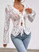 Tied V-Neck Long Sleeve Lace Top - Trendsi - Flyclothing LLC
