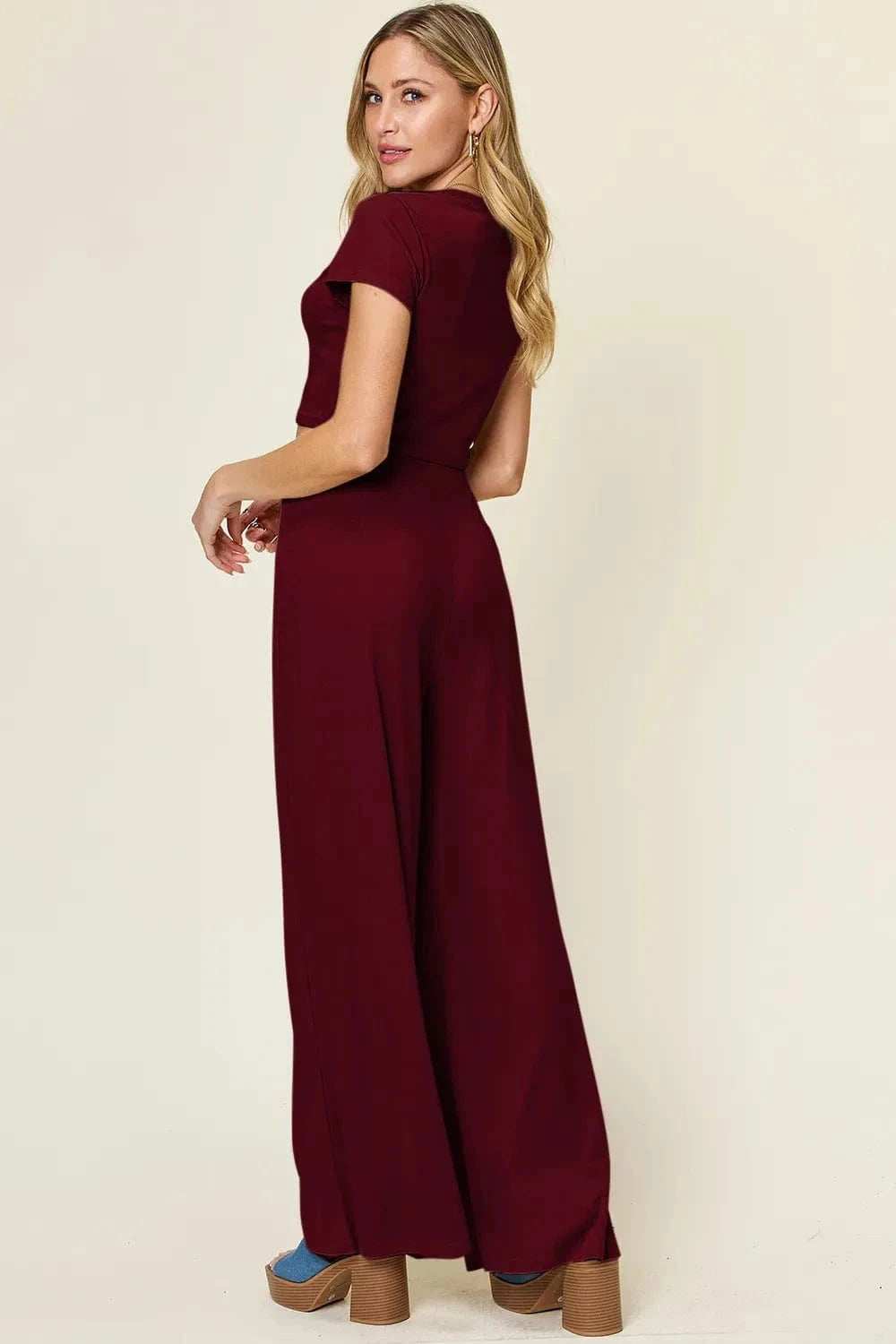 Double Take Full Size Round Neck Top and Pants Set - Trendsi - Flyclothing LLC