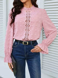 Swiss Dot Mock Neck Flounce Sleeve Blouse - Trendsi - Flyclothing LLC