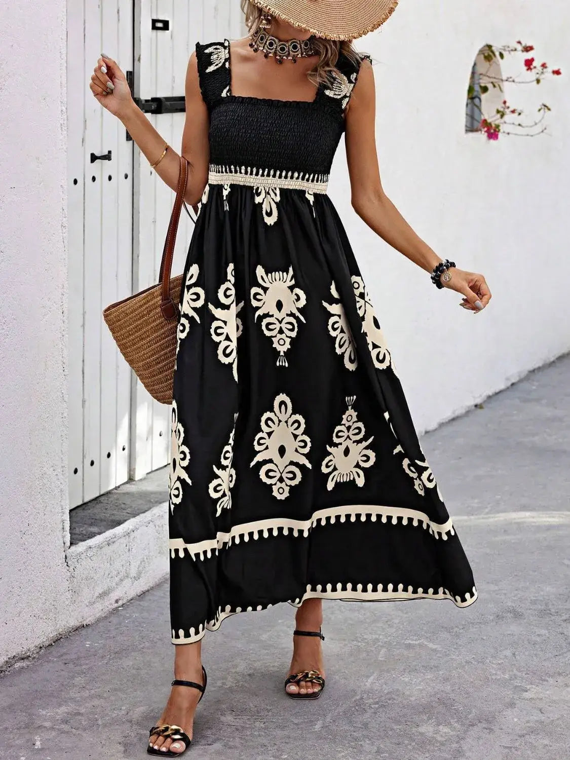 Smocked Printed Wide Strap Maxi Dress - Trendsi - Flyclothing LLC