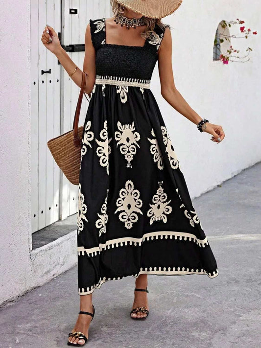 Smocked Printed Wide Strap Maxi Dress - Trendsi - Flyclothing LLC