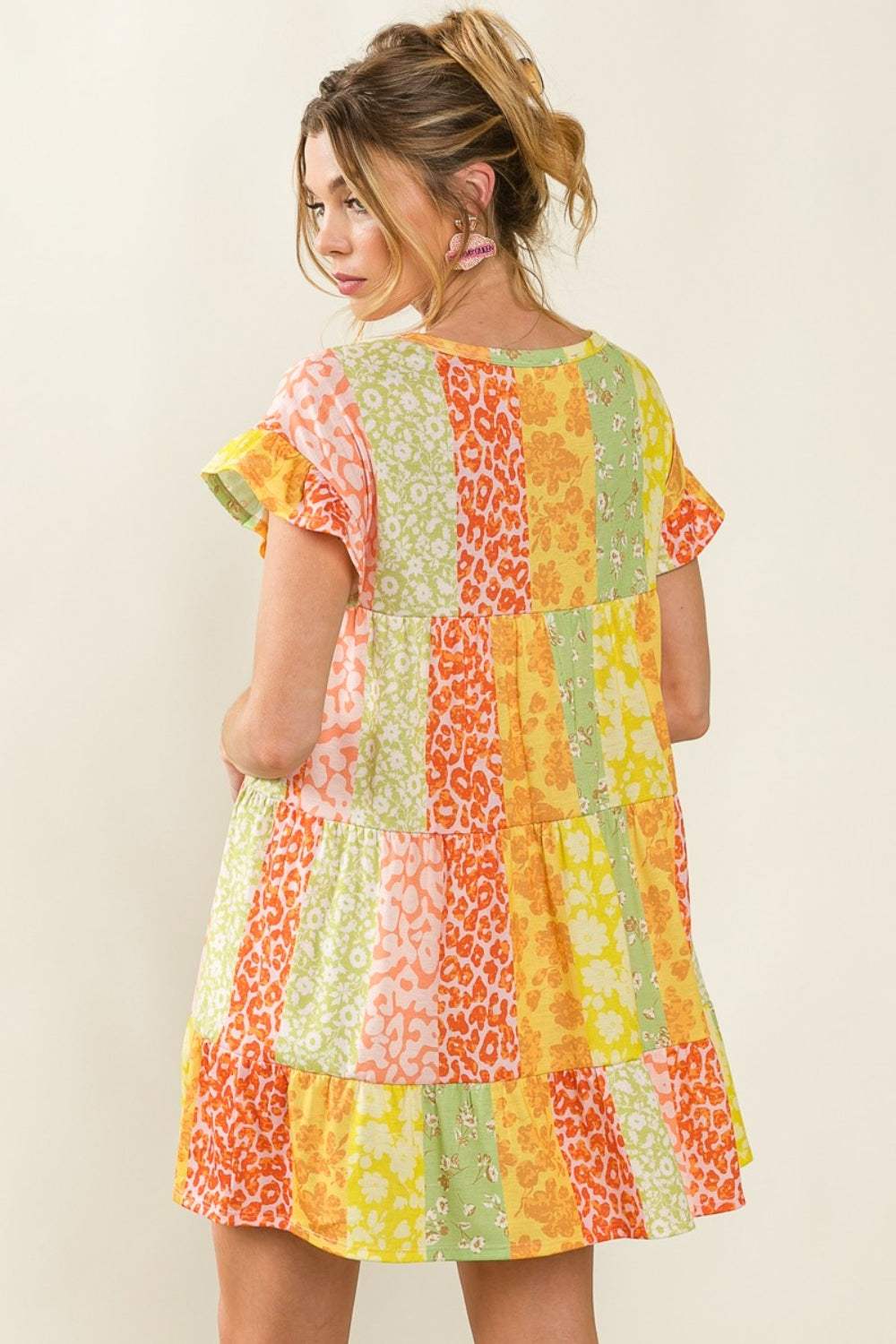 BiBi Leopard Short Sleeve Tiered Dress - Trendsi - Flyclothing LLC