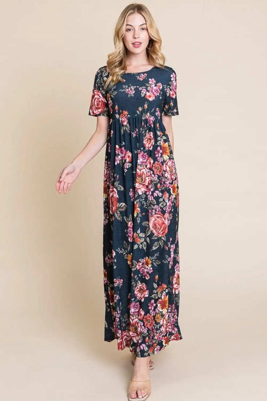 BOMBOM Floral Short Sleeve Maxi Dress - Trendsi - Flyclothing LLC