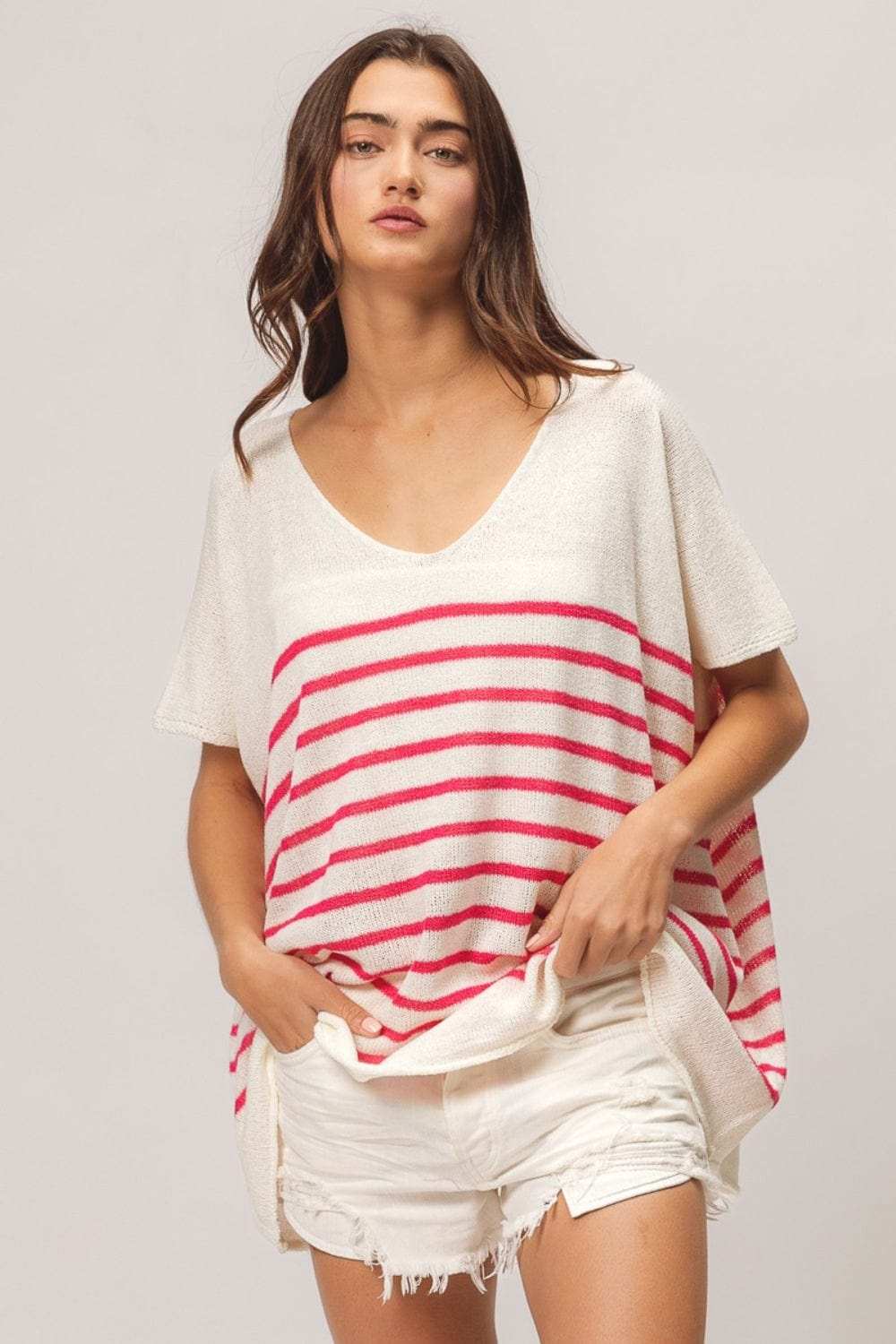 BiBi V Neck Striped Short Sleeve Top - Trendsi - Flyclothing LLC
