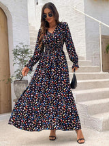 Smocked Printed V-Neck Flounce Sleeve Dress - Trendsi - Flyclothing LLC