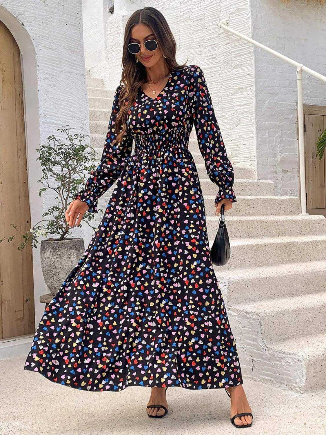 Smocked Printed V-Neck Flounce Sleeve Dress - Trendsi - Flyclothing LLC
