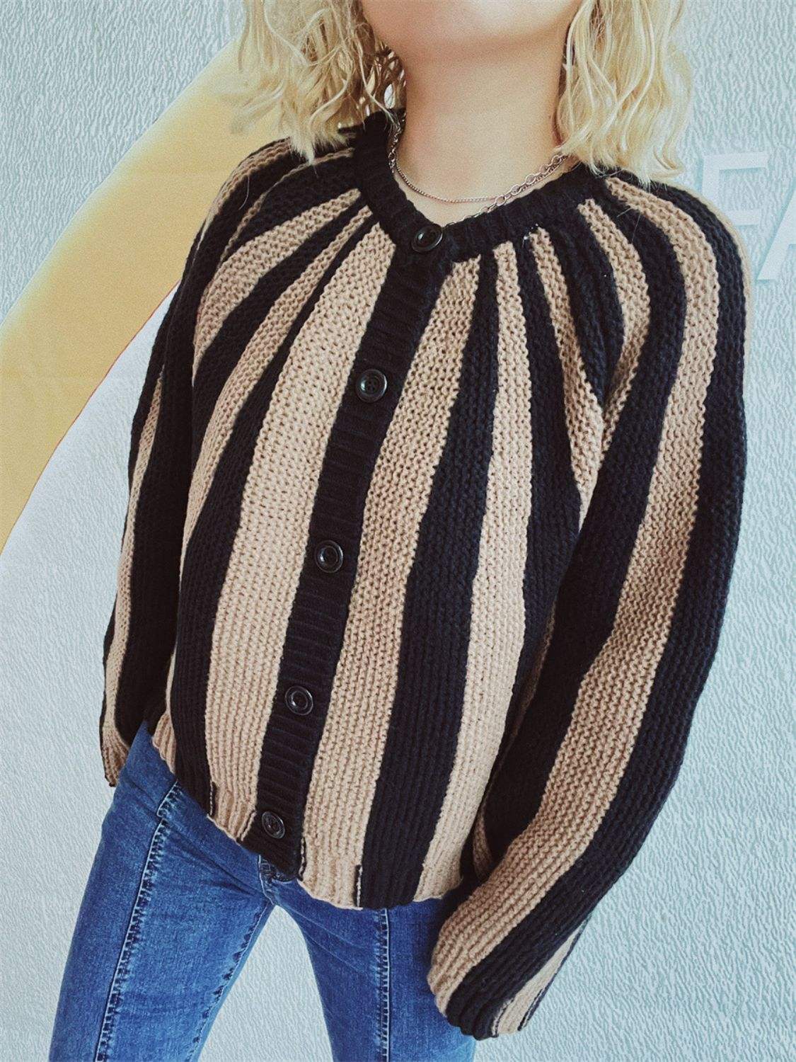 Contrast Stripes Button Down Long Sleeve Cardigan - Trendsi - Flyclothing LLC