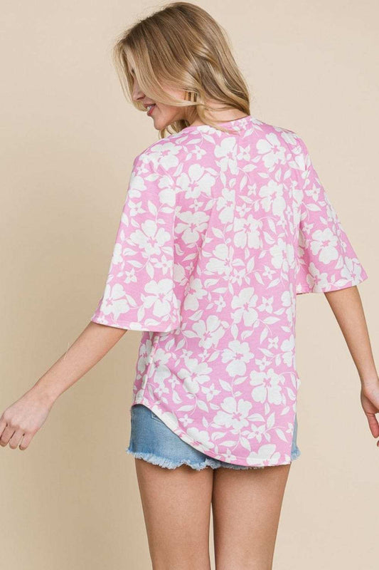 BOMBOM Floral Decorative Button V-Neck Top - Trendsi - Flyclothing LLC