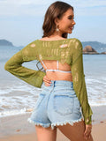 Distressed Boat Neck Long Sleeve Cover Up - Trendsi - Flyclothing LLC