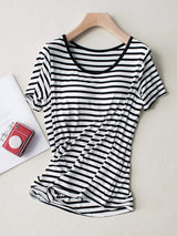 Striped Round Neck Short Sleeve T-Shirt with Bra - Trendsi - Flyclothing LLC