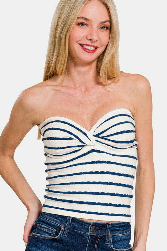 Zenana Twisted Sweetheart Neck Striped Tube Top - Trendsi