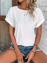 Eyelet Round Neck Short Sleeve T-Shirt - Trendsi - Flyclothing LLC