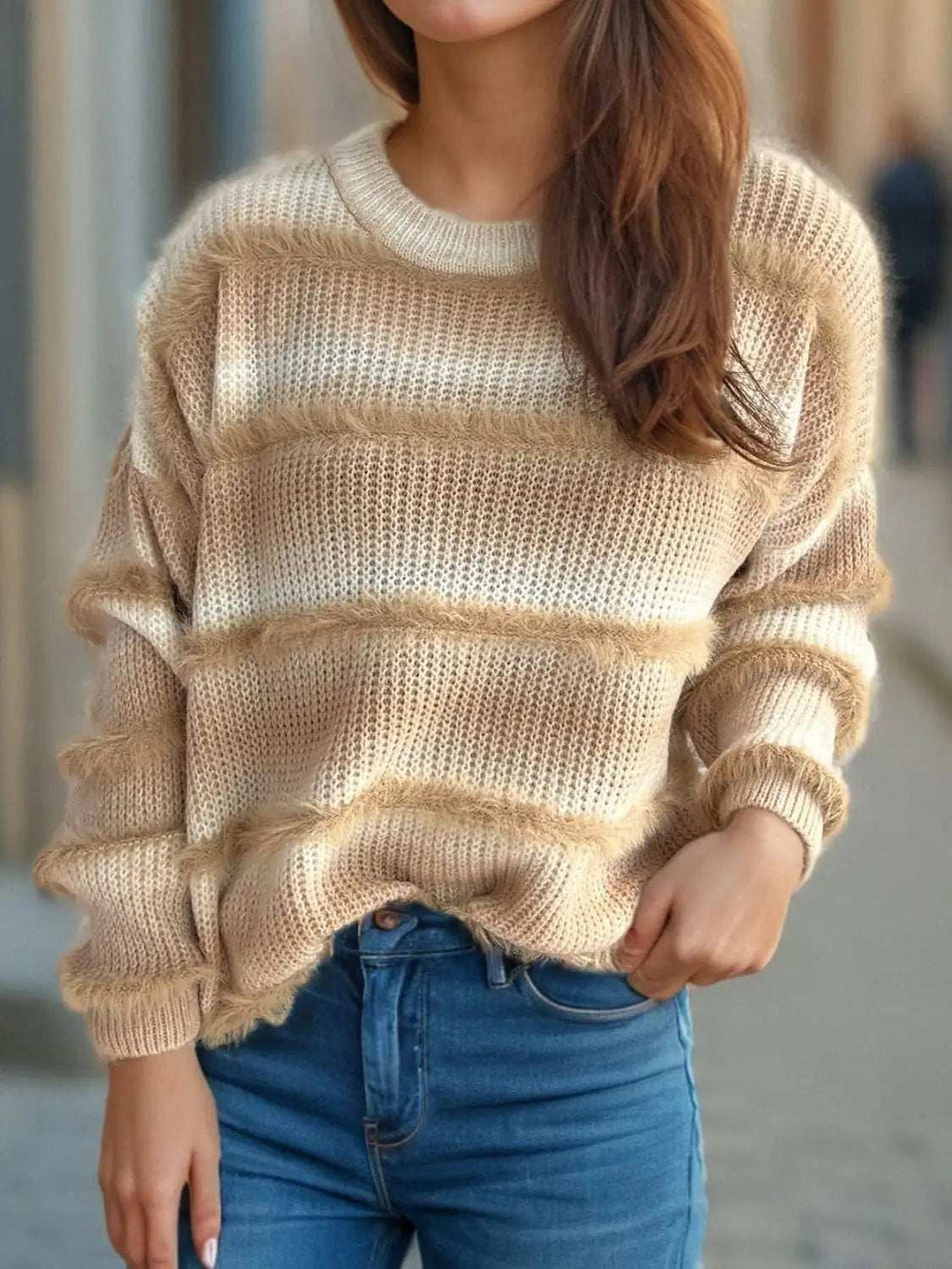 Gradient Round Neck Dropped Shoulder Sweater - Trendsi - Flyclothing LLC