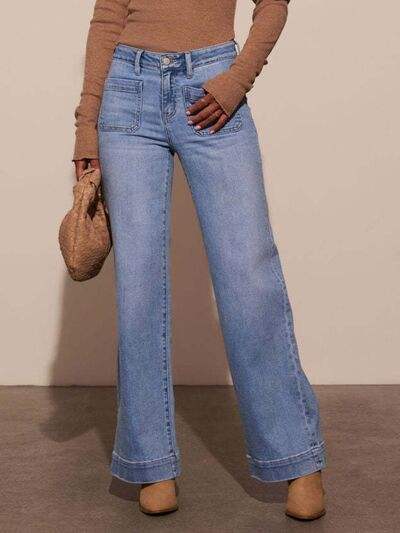 High Rise Front Pocket Patch Wide Leg Jeans - Trendsi - Flyclothing LLC