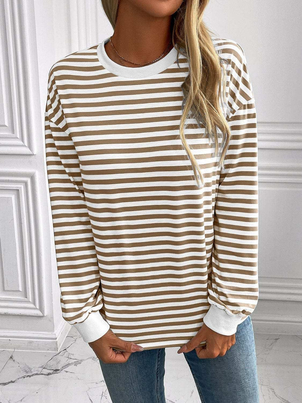 Ivy Lane Striped Round Neck Long Sleeve Sweatshirt - Trendsi - Flyclothing LLC