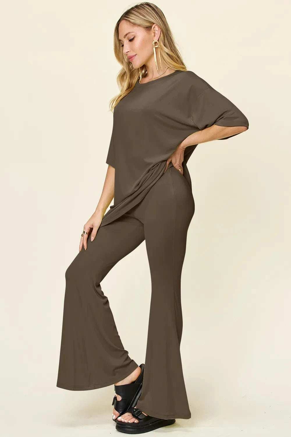 Double Take Full Size Round Neck Drop Shoulder T-Shirt and Flare Pants Set - Trendsi - Flyclothing LLC