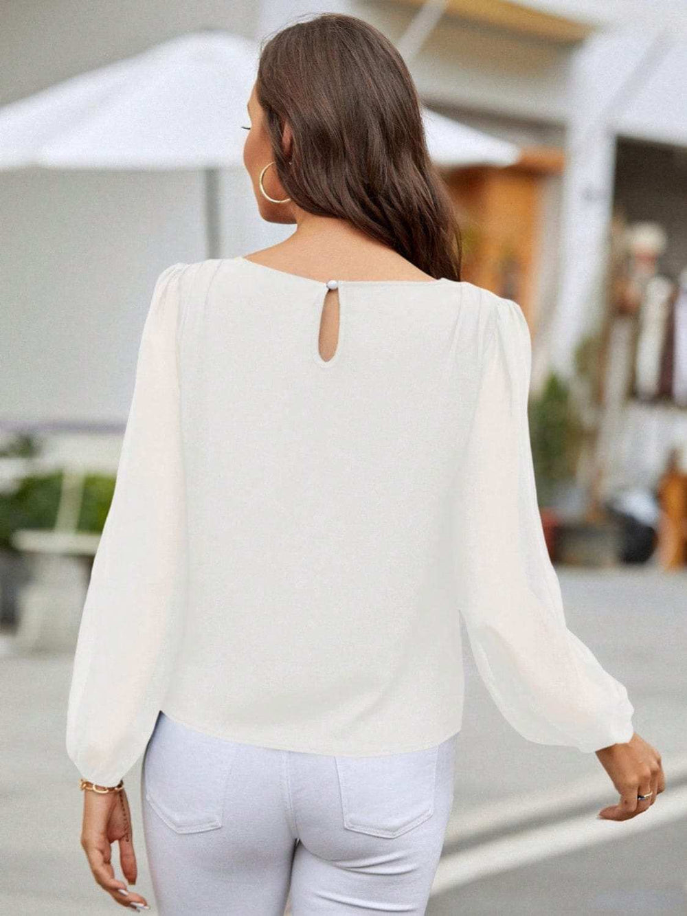 Round Neck Balloon Sleeve Blouse - Trendsi - Flyclothing LLC