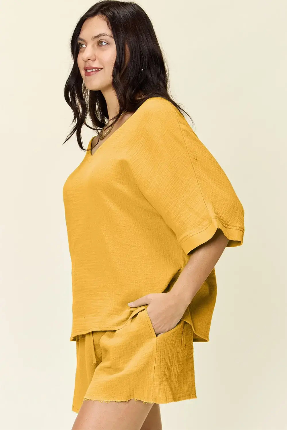 Double Take Texture Half Sleeve T-Shirt and Drawstring Shorts Set - Trendsi - Flyclothing LLC