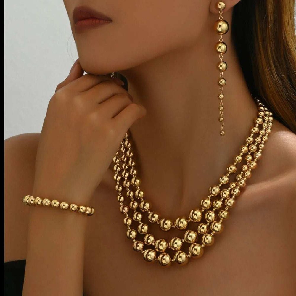 18K Stainless Steel Beaded Multi-Layered Necklace Bracelet Earrings Jewelry Set - Trendsi - Flyclothing LLC