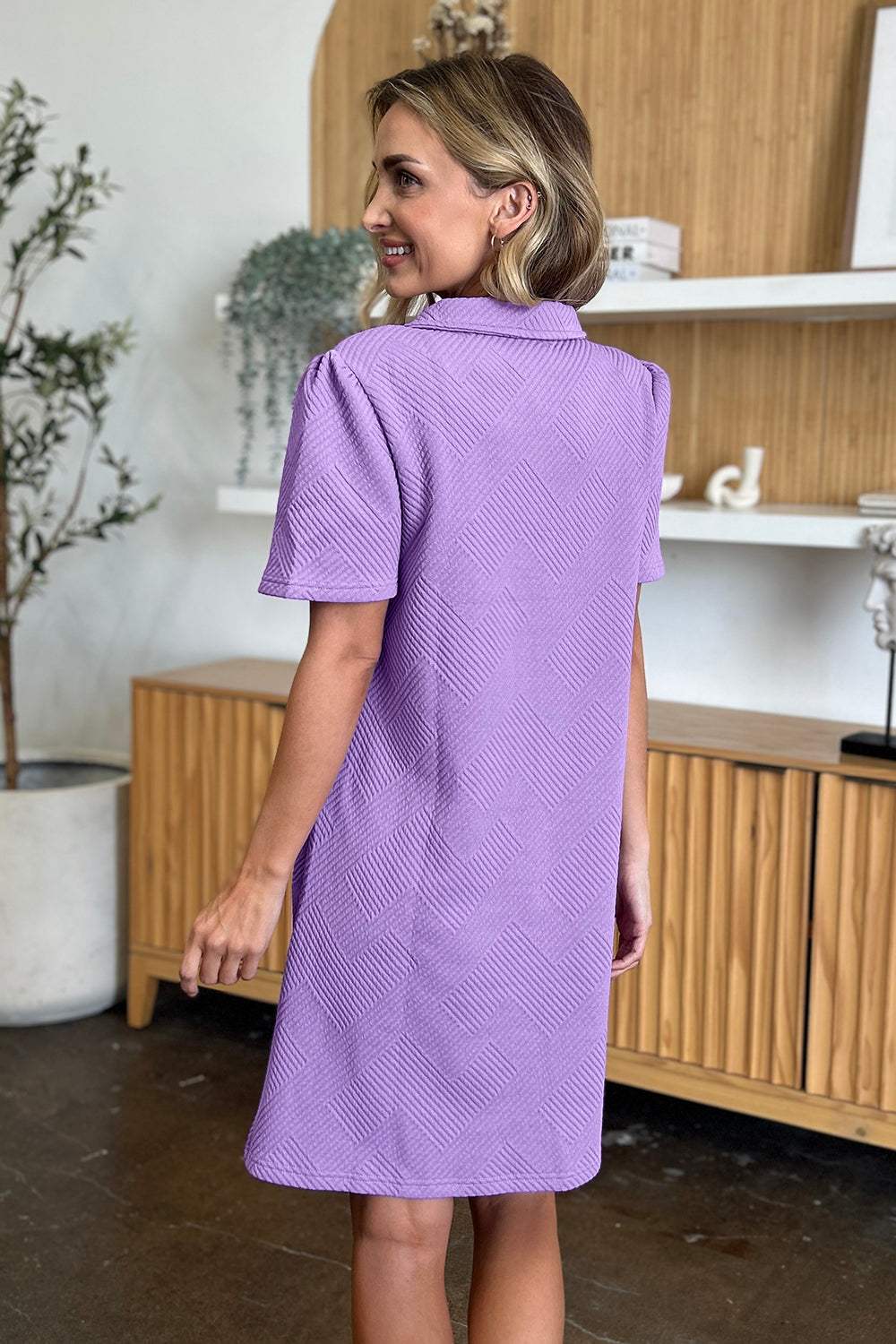 Double Take Full Size Texture Collared Neck Short Sleeve Dress - Trendsi - Flyclothing LLC