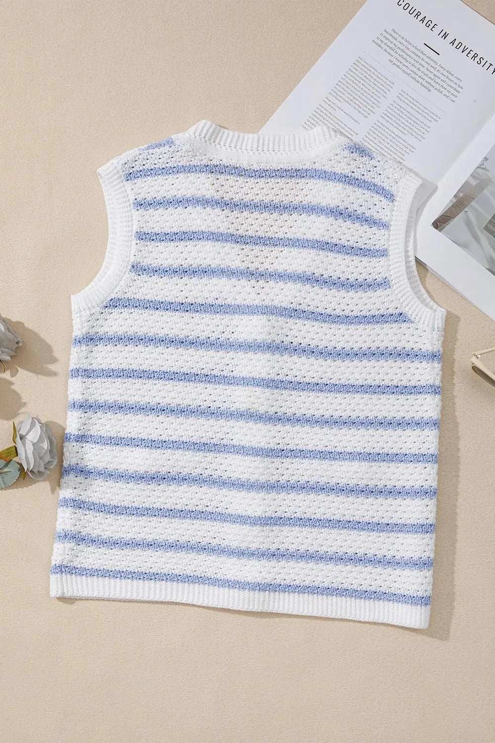 Stripe V Neck Gold Buttons Elegant Sweater Vest - Trendsi - Flyclothing LLC