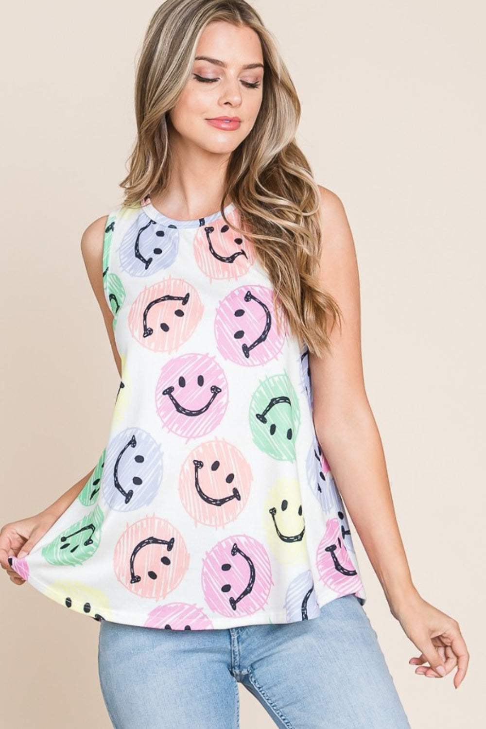 BOMBOM Smiley Face Round Neck Tank - Trendsi - Flyclothing LLC