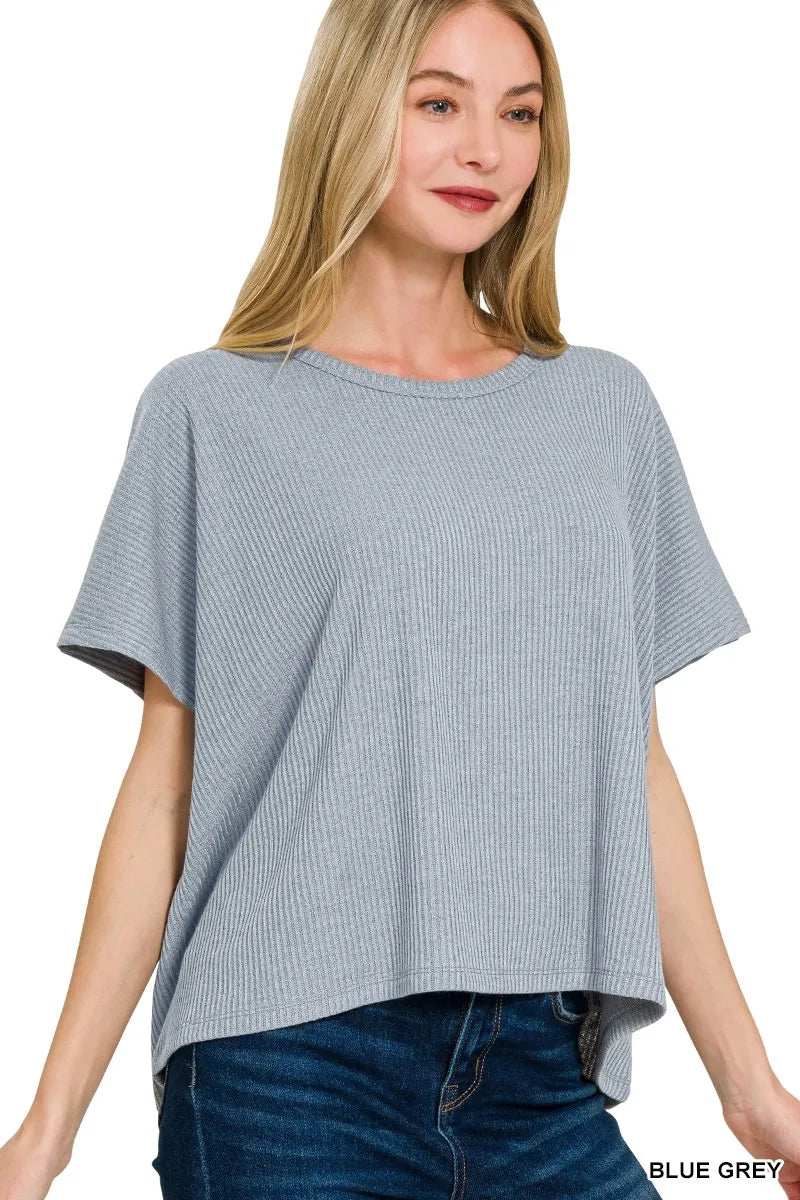 Zenana Ribbed Round-Neck Short-Sleeve Knit Top - Trendsi - Flyclothing LLC