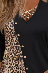 Crisscross Leopard V-Neck Long Sleeve T-Shirt