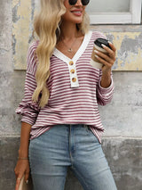 Striped Button Detail Long Sleeve T-Shirt - Trendsi - Flyclothing LLC