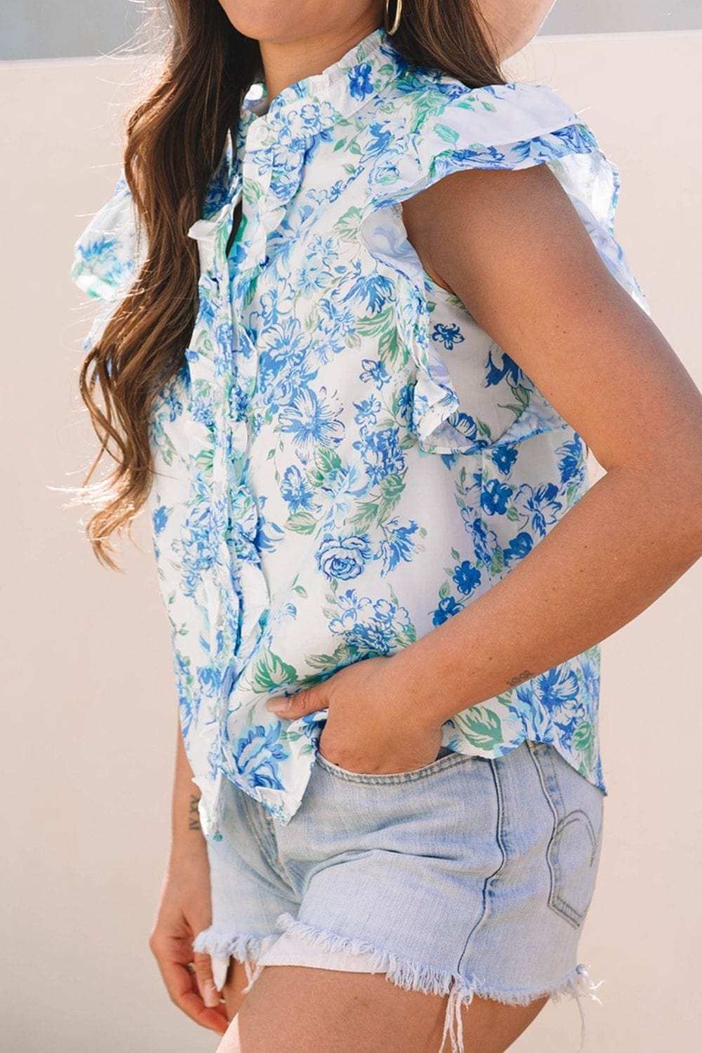 Floral Print Ruffle Sleeve Frilly Button Up Shirt - Trendsi - Flyclothing LLC
