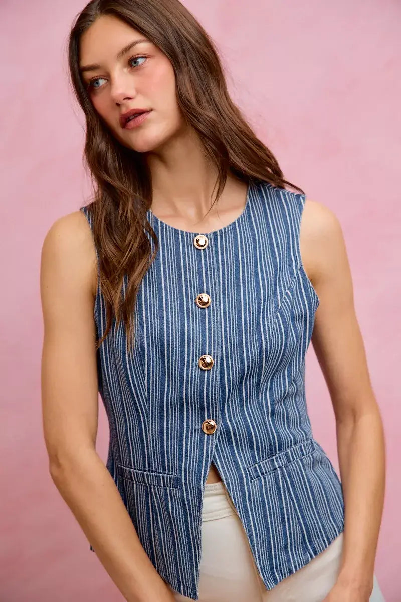 SO ME Stripe Slim Fit Button Front Denim Vest Top - Trendsi - Flyclothing LLC