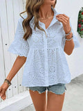 Eyelet Solid Collared Neck Half Sleeve Shirt - Trendsi - Flyclothing LLC