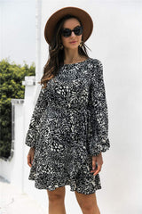Animal Print Round Neck Balloon Sleeve Mini Dress - Trendsi - Flyclothing LLC
