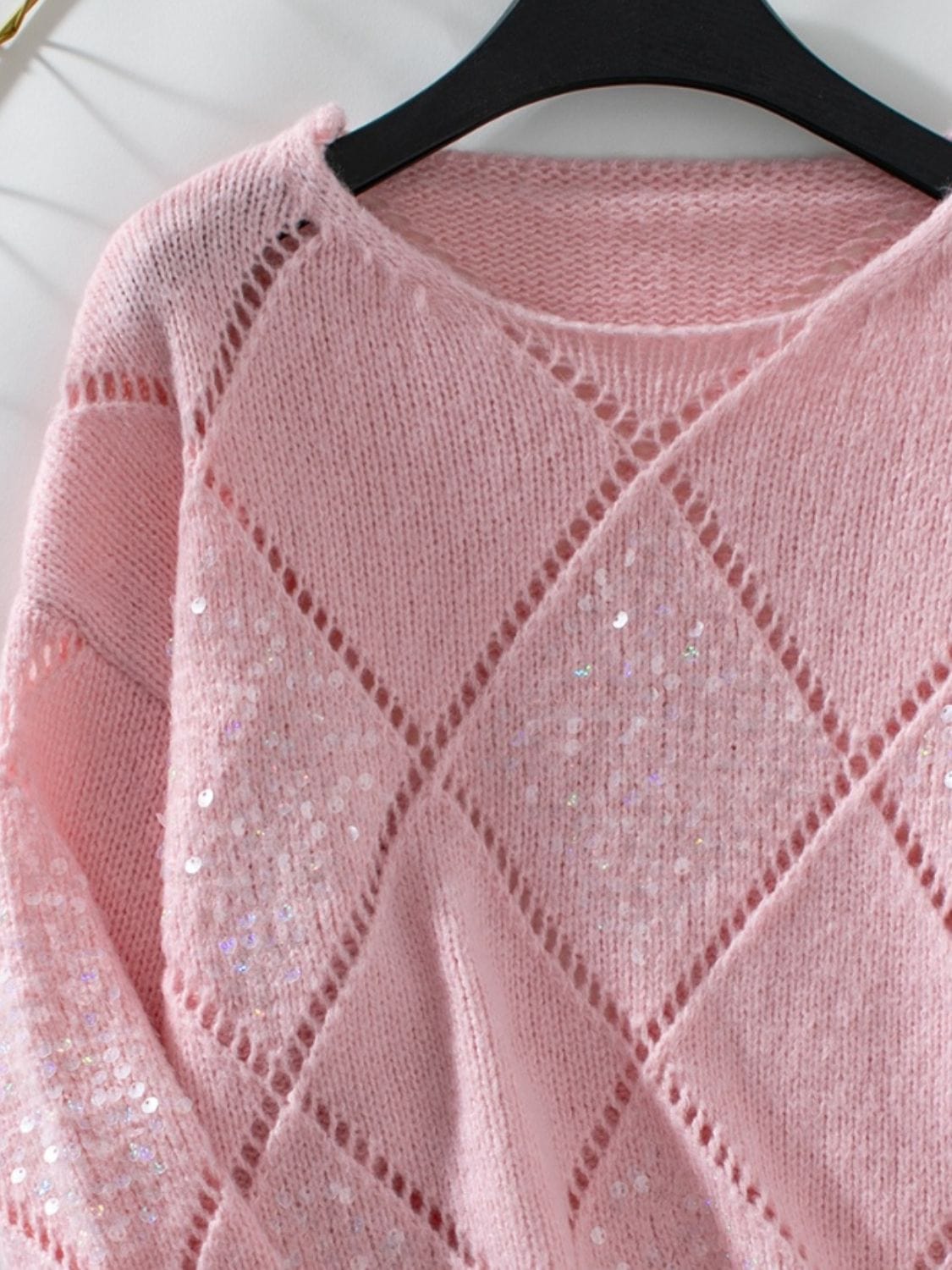 Openwork Round Neck Long Sleeve Knit Top - Trendsi