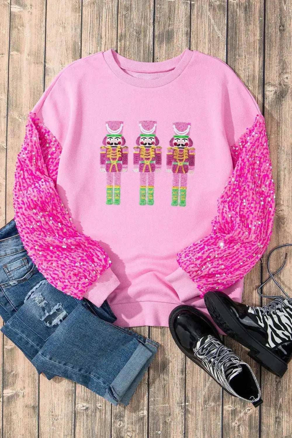 Sequin Nutcracker Dropped Shoulder Sweatshirt - Trendsi - Flyclothing LLC