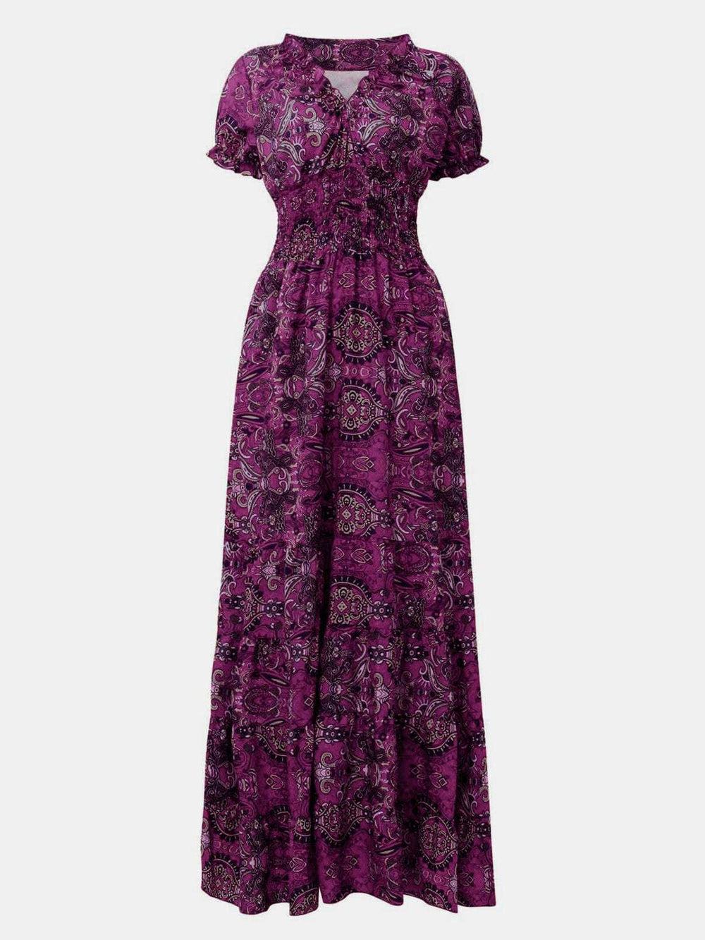 Full Size Smocked Printed V-Neck Short Sleeve Dress - Trendsi - Flyclothing LLC