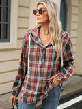 Drawstring Plaid Hooded Long Sleeve Top - Trendsi - Flyclothing LLC