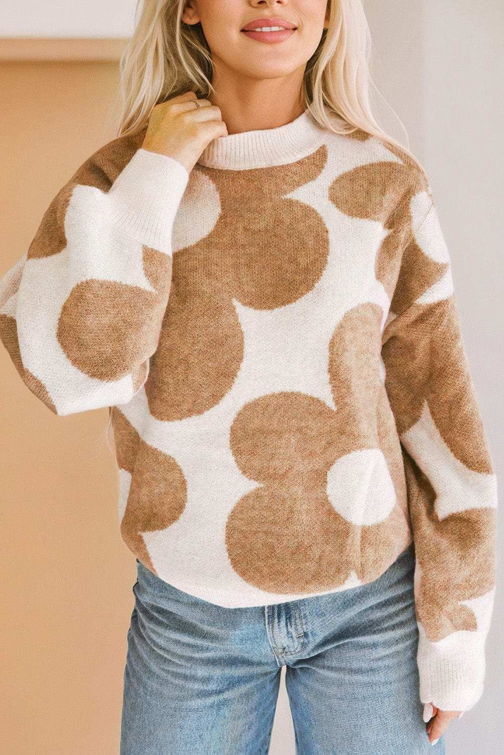 Contrast Flower Mock Neck Long Sleeve Sweater - Trendsi - Flyclothing LLC