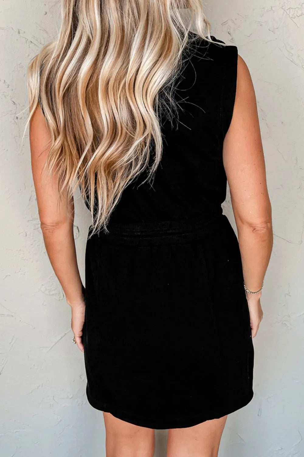 French Terry Zipped Collar Sleeveless Drawstring Waist Mini Dress - Trendsi - Flyclothing LLC