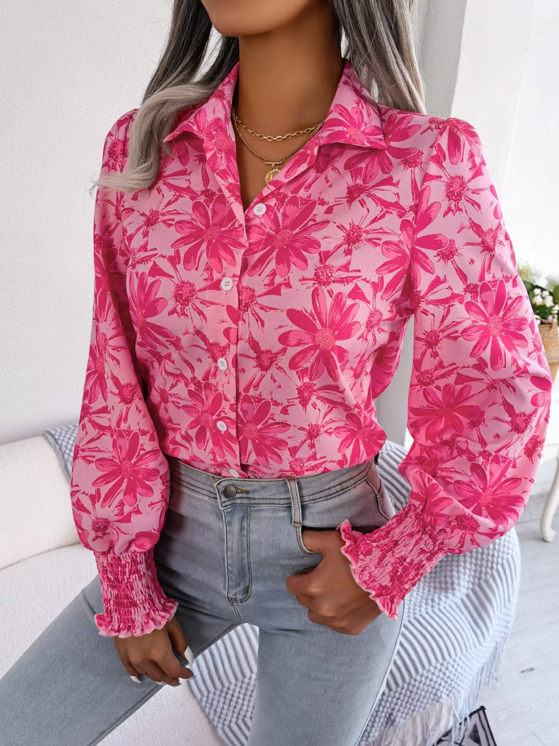 Floral Collared Neck Long Sleeve Shirt - Trendsi