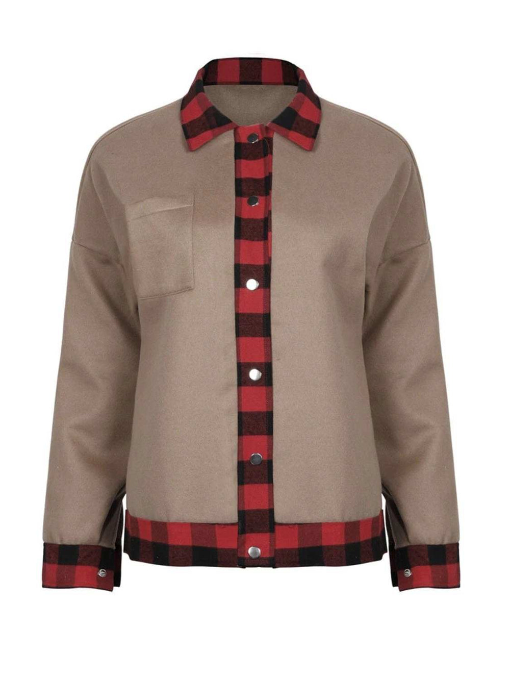 Plaid Trim Long Sleeve Jacket - Trendsi - Flyclothing LLC