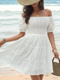 Smocked Eyelet Off-Shoulder Mini Dress - Trendsi