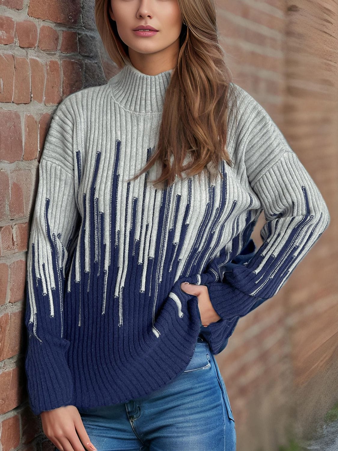 Contrast Mock Neck Long Sleeve Sweater - Trendsi