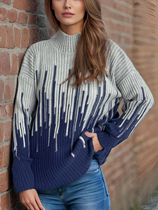 Contrast Mock Neck Long Sleeve Sweater - Trendsi